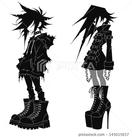 This high-contrast black-and-white character illustration features two stylized gothic figures in sharp, graphic streetwear and platform footwear This high-contrast black-and-white character illustration features two stylized gothic figures in sharp, graphic streetwear and platform footwear 143015657