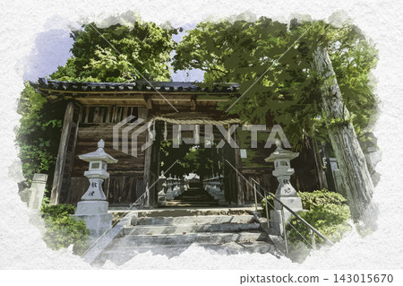 Watercolor style painting: Yamazaki Castle Town, Yamazaki Hachiman Shrine, Zuishinmon Gate, Shiso City, Hyogo Prefecture Watercolor style painting: Yamazaki Castle Town, Yamazaki Hachiman Shrine, Zuishinmon Gate, Shiso City, Hyogo Prefecture 143015670
