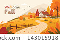 Welcome Fall Autumn Landscape with Cozy Countryside House 143015918