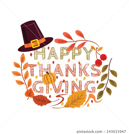 Happy Thanksgiving Wreath Logo with Pilgrim Hat Pumpkin Autumn Foliage Happy Thanksgiving Wreath Logo with Pilgrim Hat Pumpkin Autumn Foliage 143015947