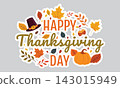 Happy Thanksgiving Day Script Typography Sticker Pumpkin Pilgrim Hat Vector 143015949