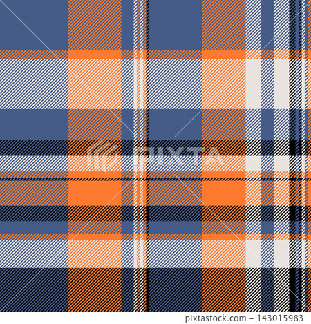 Difficult tartan textile background, november pattern check seamless. Uk vector fabric texture plaid in blue and orange peel colors. 143015983