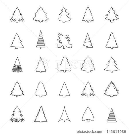 A minimalist set of 25 Christmas tree outline icons. Clean black vector thin line designs of various evergreen pines and firs, perfect for modern winter holiday graphic projects. 143015986