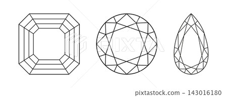Asscher, Circle, Pear diamond cut shapes. Pear, Round, Asscher brilliant cut patterns. Gemstone outline icons for jewellery design, branding, logo. Asscher, Circle, Pear diamond cut shapes. Pear, Round, Asscher brilliant cut patterns. Gemstone outline icons for jewellery design, branding, logo. 143016180