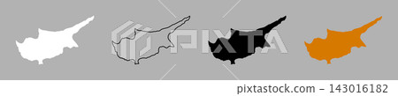 Cyprus island black contour, white, black, yellow icons, stickers set. Cyprus entirety shape of island silhouette from Cyprus flag. Cyprus island black contour, white, black, yellow icons, stickers set. Cyprus entirety shape of island silhouette from Cyprus flag. 143016182