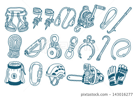 Hand drawn arborist climbing gear set with harness, climbing spurs, ropes, carabiners, pulleys, ascenders, lanyards, helmet, rope bag, chainsaw and protective gloves in blue line art style. Hand drawn arborist climbing gear set with harness, climbing spurs, ropes, carabiners, pulleys, ascenders, lanyards, helmet, rope bag, chainsaw and protective gloves in blue line art style. 143016277
