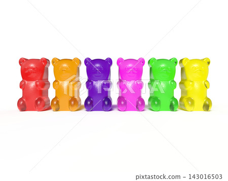 A 3DCG illustration of colorful gummy bears lined up, and a set of translucent jelly candies. A 3DCG illustration of colorful gummy bears lined up, and a set of translucent jelly candies. 143016503