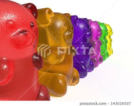 A 3DCG illustration of colorful gummy bears lined up, and a set of translucent jelly candies. A 3DCG illustration of colorful gummy bears lined up, and a set of translucent jelly candies. 143016507