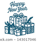 Happy New Year hand drawn lettering with festive gift boxes, ribbons and Christmas tree patterns. Winter holiday greeting illustration for cards, banners, posters and seasonal designs. 143017046