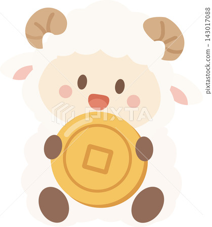 Cute Chinese New Year Sheep Mascot Holding Gold Coin Cute Chinese New Year Sheep Mascot Holding Gold Coin 143017088