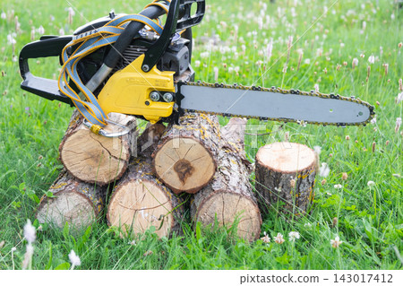 Close up of a powerful gasoline chainsaw placed on chopped wooden logs outside. forestry tools concept, lumberjack industry, wood cutting. Close up of a powerful gasoline chainsaw placed on chopped wooden logs outside. forestry tools concept, lumberjack industry, wood cutting. 143017412