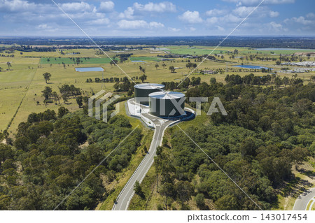Aerial view of large water tanks in the Western Sydney suburb of Oran Park Aerial view of large water tanks in the Western Sydney suburb of Oran Park 143017454