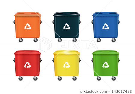 Sorted recycling containers set with yellow, blue, and red bins. Vector illustration of trash separation system for plastic bottles, cardboard boxes, and glass disposal concept 143017458