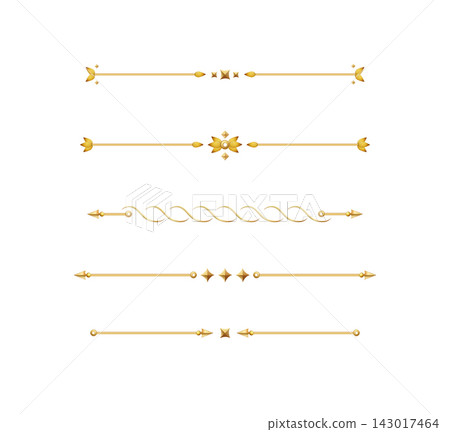 Elegant gold divider with ornate flourishes creates a luxurious border element perfect for premium invitations, certificates, and decorative page accents in vintage style designs. 143017464
