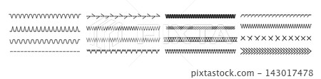 Embroidery vector stitch patterns with geometric lines and borders. Vector textile design elements featuring decorative stitched edges, cross-stitch dividers, and seamless sewing motifs. 143017478