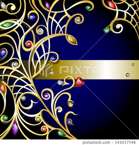 Vector Gold jewerly curly background with multicolor gems and diamonds Vector Gold jewerly curly background with multicolor gems and diamonds 143017546