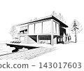 Vector black and white ink sketch of modern suburban wooden house with swimming pool and chaise lounges 143017603