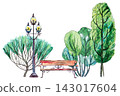Vector set of hand drawn watercolor pictorial green trees, bench and lantern isolated on the white background for your landscape design 143017604