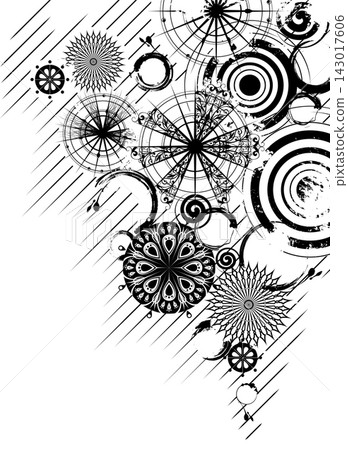 Black and white grunge abstract geometry background with decorative openwork circles Black and white grunge abstract geometry background with decorative openwork circles 143017606