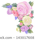 Vector gentle colored square background with composition of pastel colored Ranunculus flowers 143017608
