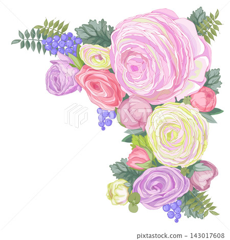 Vector gentle colored square background with composition of pastel colored Ranunculus flowers 143017608