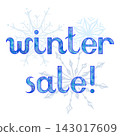 Vector hand drawn watercolor frozen ice inscription Winter Sale with snowflakes on the white square background 143017609