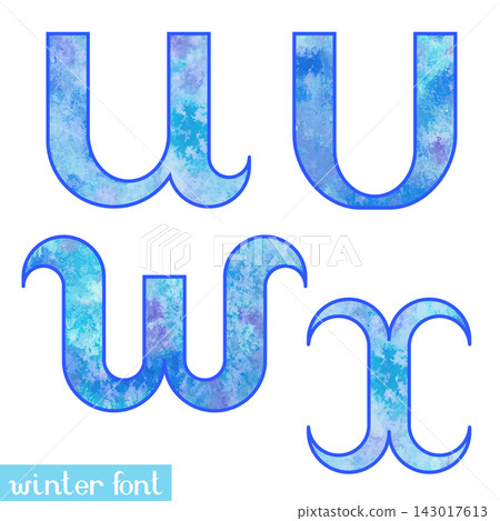 Colorful blue ice frozen watercolor paint alphabet letters U V W X Colorful blue ice frozen watercolor paint alphabet letters U V W X 143017613