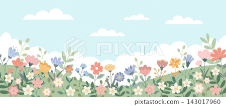 Field of Flowers. Meadow with Wildflowers and Clouds. Pastel Illustration, spring background. Field of Flowers. Meadow with Wildflowers and Clouds. Pastel Illustration, spring background. 143017960