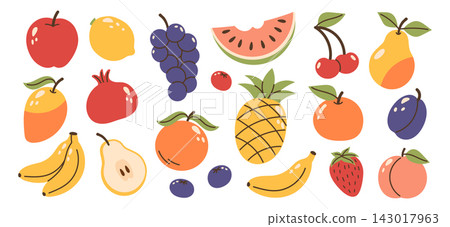Set of different fruits. Collection of organic vitamins and healthy nutrition. Watermelon, banana, peach, apple, orange, banana, cherry, strawberry, grape, lemon, and pomegranate. Ideal for healthy fo Set of different fruits. Collection of organic vitamins and healthy nutrition. Watermelon, banana, peach, apple, orange, banana, cherry, strawberry, grape, lemon, and pomegranate. Ideal for healthy fo 143017963