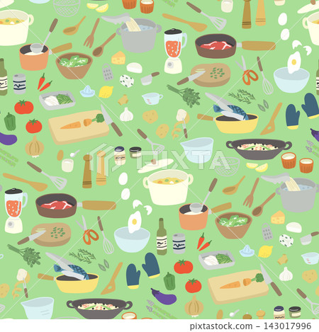 A seamless pattern featuring cooking utensils and ingredients against a bright green background. A seamless pattern featuring cooking utensils and ingredients against a bright green background. 143017996
