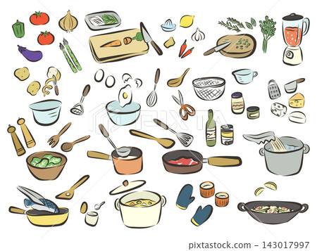 A set of hand-drawn illustrations of cooking utensils and ingredients. A set of hand-drawn illustrations of cooking utensils and ingredients. 143017997