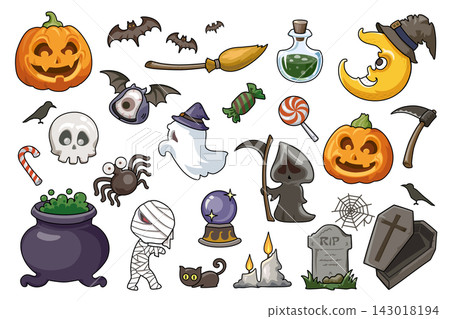 Set of cute halloween character illustrations including ghosts pumpkins bats and monsters on white background. Set of cute halloween character illustrations including ghosts pumpkins bats and monsters on white background. 143018194