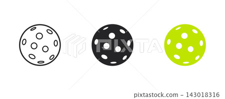Set of pickleball icons in outline, solid, and color vector styles, featuring perforated spheres used in racquet sports and leisure athletic games Set of pickleball icons in outline, solid, and color vector styles, featuring perforated spheres used in racquet sports and leisure athletic games 143018316