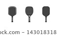 Set of pickleball paddle icons in dark silhouette style, featuring different racket shapes and wrapped handles for sports and recreation design 143018318