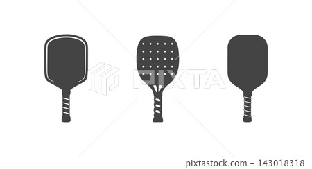 Set of pickleball paddle icons in dark silhouette style, featuring different racket shapes and wrapped handles for sports and recreation design Set of pickleball paddle icons in dark silhouette style, featuring different racket shapes and wrapped handles for sports and recreation design 143018318