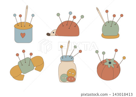 Vector set of cute pincushions in various shapes, with pins, sewing needles, and buttons in a jar. Vector set of cute pincushions in various shapes, with pins, sewing needles, and buttons in a jar. 143018413