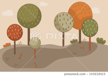 Autumn landscape with round trees and berries on a meadow in a cartoon style vector 143018423