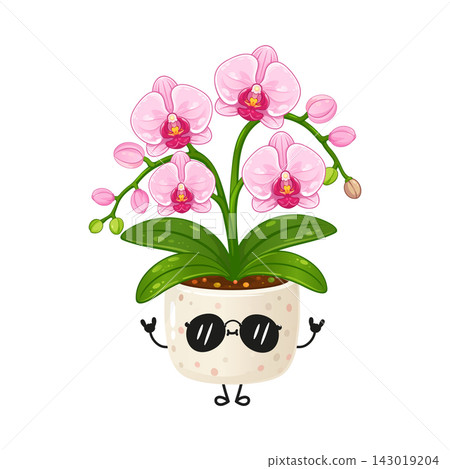 Cute orchid houseplant character in rock pose 143019204