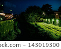 Night park scene with canal and illuminated grass paths 143019300