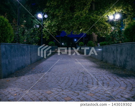 Cobblestone path in park at night with stone walls and lampposts Cobblestone path in park at night with stone walls and lampposts 143019302