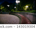The tiled road in the night green park with lanterns in summer. Benches in the park during the summer season at night. Illumination of a park road with lanterns. 143019304