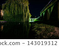 Weeping willow tree and concrete bridge over dark river at night 143019312