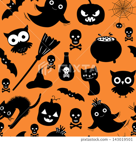 Cute Halloween vector seamless pattern with ghosts, cats and pumpkins on orange background color for scrapbooking and invitations Cute Halloween vector seamless pattern with ghosts, cats and pumpkins on orange background color for scrapbooking and invitations 143019501