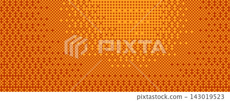 Pixel bitmap texture with 8-bit halftone effects. Abstract orange pixelated dither pattern. Horizontal particle noise and ripple geometric print wallpaper with circle transition. Vector illustration. 143019523