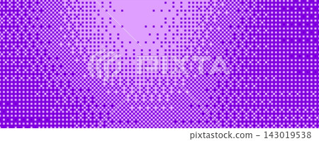 Pixel bitmap texture with 8-bit halftone effects. Abstract purple pixelated dither pattern. Horizontal noise geometric print wallpaper with gritty particles and spot transition. Vector illustration. Pixel bitmap texture with 8-bit halftone effects. Abstract purple pixelated dither pattern. Horizontal noise geometric print wallpaper with gritty particles and spot transition. Vector illustration. 143019538