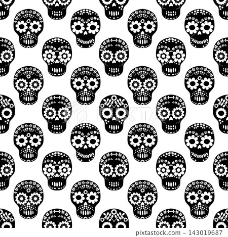 Vector seamless pattern for Halloween with black floral skulls on white background for textile and product design Vector seamless pattern for Halloween with black floral skulls on white background for textile and product design 143019687