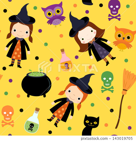 Cute Halloween pattern with girl witch, cats, owls on yellow background for seasonal backgroinds Cute Halloween pattern with girl witch, cats, owls on yellow background for seasonal backgroinds 143019705