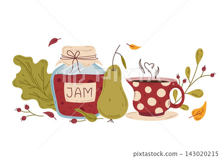 Cozy Autumn Jam and Hot Drink Illustration Cozy Autumn Jam and Hot Drink Illustration 143020215