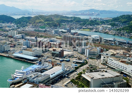 A panoramic view of Shimonoseki Port International Ferry Terminal, the city, and the Hibikinada Sea from Kaikyo Yume Tower. A panoramic view of Shimonoseki Port International Ferry Terminal, the city, and the Hibikinada Sea from Kaikyo Yume Tower. 143020299