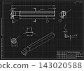 Mechanical engineering drawing of cutting tool on black background. Internal boring and grooving cutter with dimensions and sections. Technical machining blueprint. Vector illustration. 143020588